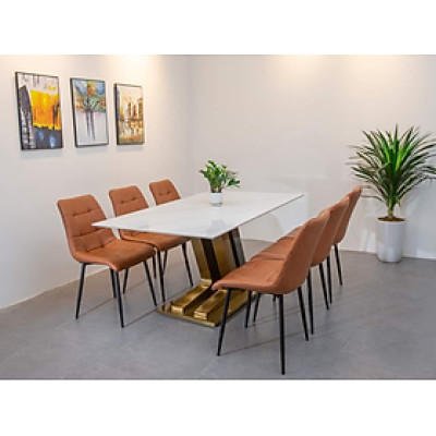 Bộ bàn ghế phòng ăn Juno sofa mặt trắng vân mây chân inox mạ PVD kèm 6 ghế 