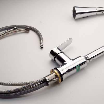 Vòi Rửa Chén Nóng Lạnh Dây Kéo Đồng Mạ Chrome Eurolife EL-KM05 (Trắng bạc)