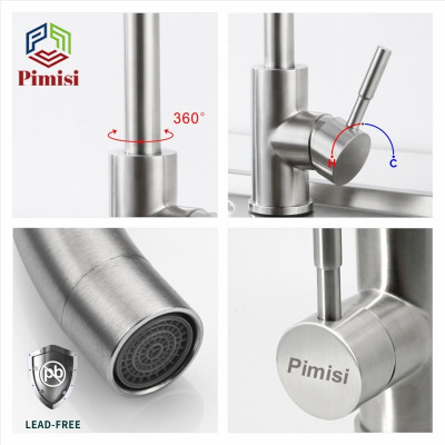 Vòi rửa bát nóng lạnh inox 304 Pimisi dùng cho chậu rửa chén bát trong nhà bếp gắn chậu - bàn đá, quay 360 độ dùng được cho chậu rửa chén 2 hố - đã kèm 2 sợi dây cấp nước | Hàng chính hãng
