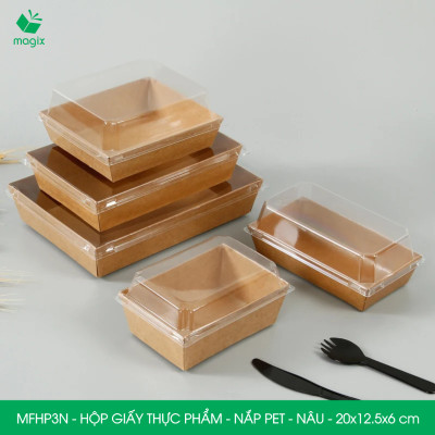 MFHP3N - 20x12.5x6 cm - 100 hộp giấy kraft thực phẩm màu nâu nắp Pet, hộp giấy chữ nhật đựng thức ăn, hộp bánh nắp trong