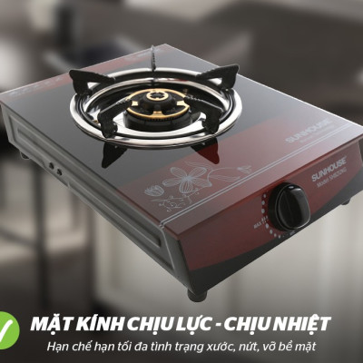 Combo Bếp Gas Dương Đơn Mặt Kính Sunhouse SHB212KG Kèm Van Dây - Hàng Chính Hãng