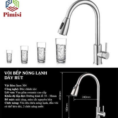 Vòi rửa bát nóng lạnh dây rút inox 304 Pimisi dùng cho chậu rửa chén bát trong nhà bếp gắn chậu với đầu vòi 2 chế độ nước tăng áp và dây rút mềm tiện lợi đa năng | Hàng chính hãng