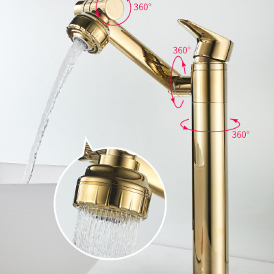 Vòi rửa mặt Lavabo cổ xoay 720 độ đa chiều, củ đồng, thân cao, mạ vàng, điều chỉnh nhiều chế độ tia nước Minh House