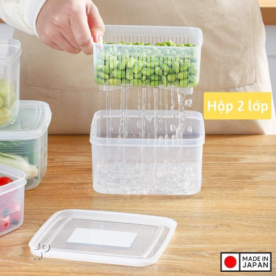 Set 02 hộp thực phẩm vuông có giá lót Nakaya 1100ml, giúp rau thịt không bị úng nước và tươi lâu hơn - nội địa Nhật Bản