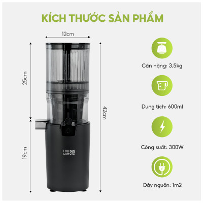 Máy ép chậm đa năng Lebenlang LBL1414, 300W, nhỏ gọn tiện lợi, ép kiệt bã đến 99%, giữ trọn dinh dưỡng, bảo hành 2 năm - hàng chính hãng