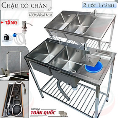 COMBO Chậu Rửa Bát Inox Có Chân 100x48x81cm Kiểu 2 Hộc 1 Cánh Tiện Nghi Rộng Rãi - Đủ bộ gồm chậu, xi phông, chân và vòi rửa, tặng vòi hút xà bông