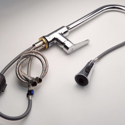 Vòi Rửa Chén Nóng Lạnh Dây Kéo Đồng Mạ Chrome Eurolife EL-KM05 (Trắng bạc)