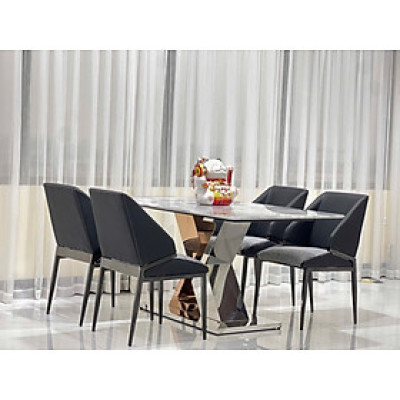 Bộ bàn ăn mặt đá chân inox cao cấp Junosofa kèm 6 ghế Cyrus sang trọng