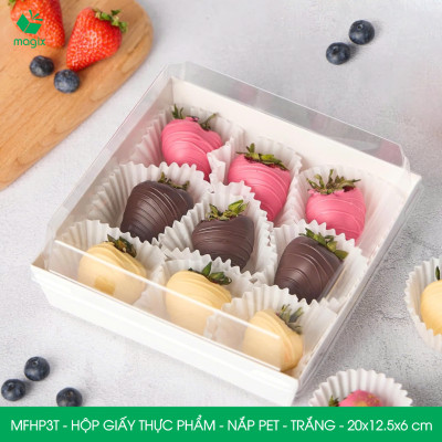 MFHP3T - 20x12.5x6 cm - 25 hộp giấy thực phẩm màu trắng nắp Pet, hộp giấy chữ nhật đựng thức ăn, hộp bánh nắp trong