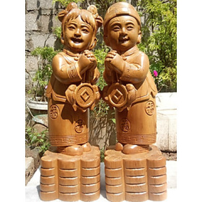 Cặp tượng điêu khắc tiểu đồng chúc phúc bằng gỗ bách xanh thơm phức kt cao 30cm