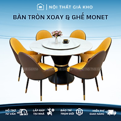 Bộ bàn ăn tròn mâm xoay 2 mặt đá phiến kết hợp ghế monet