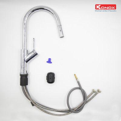 Vòi rửa bát kéo dây Konox, Model Ponte Grey, 4 phiên bản màu, Bề mặt mạ PVD 5 lớp cao cấp, Lõi đồng tiêu chuẩn CW617N, Linh kiện phụ trợ dòng chảy nhập khẩu châu Âu, Bảo hành chính hãng 5 năm, Hàng chính hãng