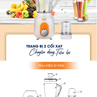 Máy xay sinh tố Comet CM9955 – 2 cối nhựa kháng vỡ, dung tích 1.5L – Công suất 450W, lưỡi dao thép không gỉ – Hàng chính hãng, bảo hành 1 năm