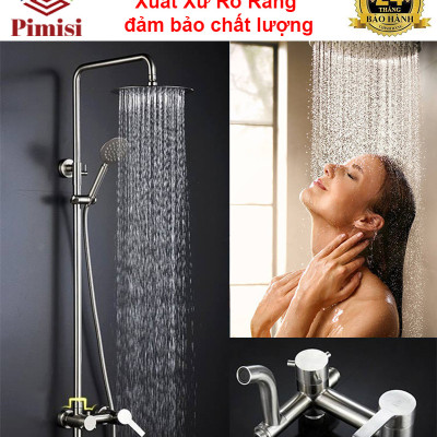 Bộ vòi hoa sen cây tắm đứng nóng lạnh inox 304 kiểu tròn Pimisi đầy đủ phụ kiện với bát sen to - bát nhỏ cầm tay tăng áp dùng được cho cả nhà tắm nhỏ và thấp | Hàng chính hãng