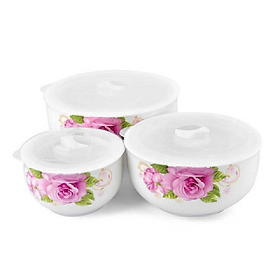 Bộ 3 thố sứ có nắp đậy chân không - có tay cầm -Giao hoa văn ngẫu nhiên