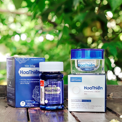 Bộ Đôi Trong Uống Ngoài Thoa Cân Bằng Nội Tiết, Dưỡng Trắng Sáng Da Viên Uống Hoa Thiên & Kem Dưỡng Trắng Da Hoa Thiên