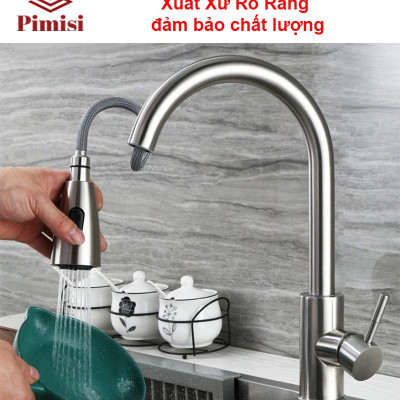 Vòi rửa bát nóng lạnh dây rút inox 304 Pimisi dùng cho chậu rửa chén bát trong nhà bếp gắn chậu với đầu vòi 2 chế độ nước tăng áp và dây rút mềm tiện lợi đa năng | Hàng chính hãng