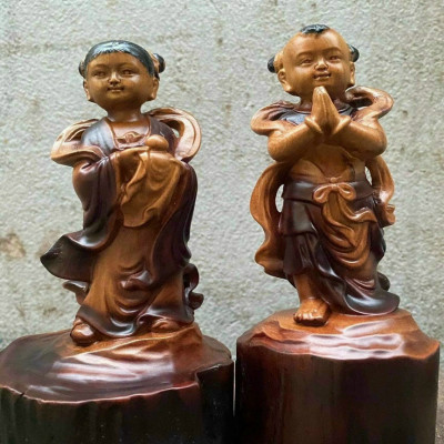 Cặp tượng điêu khắc tiên đồng ngọc nữ bằng gỗ bách xanh thơm nức pu giả cổ kt cao 15×8×7cm 