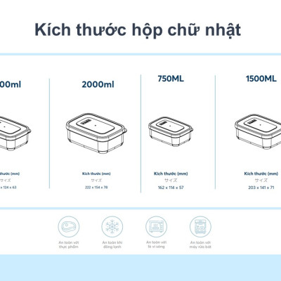 Bộ 6 hộp đựng thực phẩm chữ nhật Inochi Hokkaido (500-750-1000-1500-2000-2500ml)