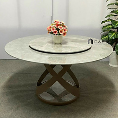 Bàn ăn mặt đá tròn xoay cao cấp TN Univers 2A-135E Nội thất Capta Bàn phòng ăn nhà hàng 2 mặt đá phiến màu rắng vân mây bóng và xám hoa bóng chân bàn sắt sơn tĩnh điện bền bỉ hcm