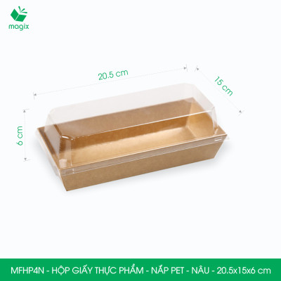 MFHP4N - 20.5x15x6 cm -100 hộp giấy kraft thực phẩm màu nâu nắp Pet, hộp giấy chữ nhật đựng thức ăn, hộp bánh nắp trong