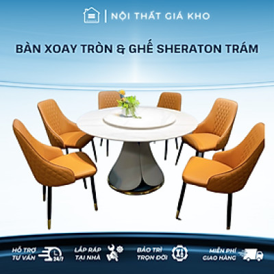 Bộ bàn ăn tròn mâm xoay 2 mặt đá ceramic kết hợp ghế Sheraton trám
