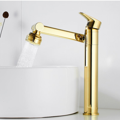Vòi rửa mặt Lavabo cổ xoay 720 độ đa chiều, củ đồng, thân cao, mạ vàng, điều chỉnh nhiều chế độ tia nước Minh House