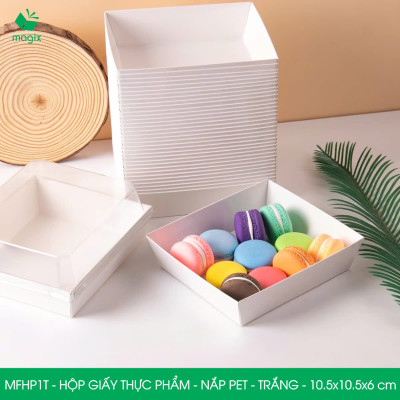 MFHP1T - 10.5x10.5x6 cm - 50 hộp giấy thực phẩm màu trắng nắp Pet, hộp giấy vuông đựng thức ăn, hộp bánh nắp trong