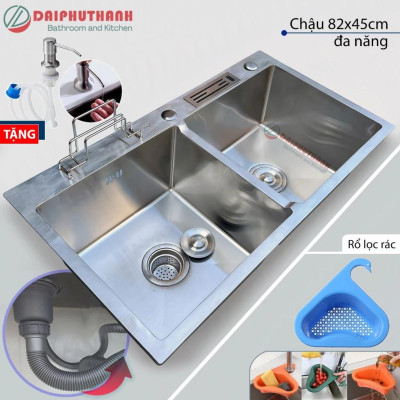 COMBO Chậu Rửa Bát Inox 2 Hộc 82x45cm Đa Năng Kèm Vòi - Chậu đủ xi phông, 2 lựa chọn vòi, tặng 2 món phụ kiện