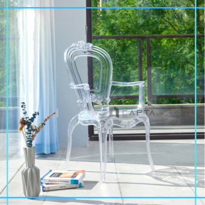 Ghế ăn trong suốt có tay tựa nhựa PC Ghế tiếp khách spa đẹp sang trọng Ghost Arm 2-PC