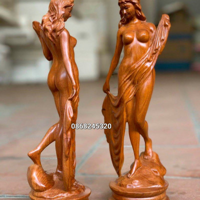 Tượng cô gái thiếu nữ  nghệ thuật ,trang trí phòng khách ,bàn làm việc  bằng gỗ hương đá kt 40×14×12cm 