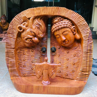 Tượng cánh cửu thiện ác bằng gỗ hương đá liền khối  kt 24×25×7cm