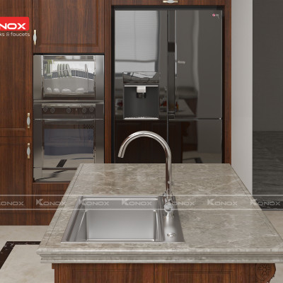 Vòi rửa bát 3 đường nước Konox, Model Trim-Water Grey, 3 phiên bản màu, Bề mặt mạ PVD mạ vân đá, Lõi đồng tiêu chuẩn CW617N, Linh kiện phụ trợ dòng chảy nhập khẩu châu Âu, Bảo hành chính hãng 5 năm, Hàng chính hãng