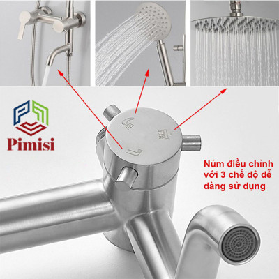 Bộ vòi hoa sen cây tắm đứng nóng lạnh inox 304 kiểu tròn Pimisi đầy đủ phụ kiện với bát sen to - bát nhỏ cầm tay tăng áp dùng được cho cả nhà tắm nhỏ và thấp | Hàng chính hãng