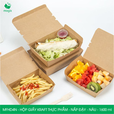 MFHD4N - Combo 50 hộp giấy kraft thực phẩm 1600ml, hộp đựng thức ăn nắp đậy màu nâu, hộp gói đồ ăn mang đi