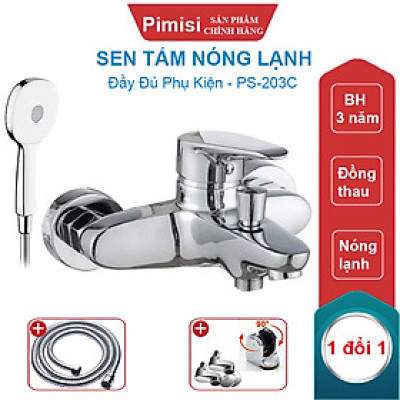 Sen Tắm Nóng Lạnh Pimisi PS-203C Đồng Thau Mạ Crom - Niken Sáng Bóng, Đủ Phụ Kiện Vòi Hoa Sen Tăng Áp Nhẹ - Dây Sen Tắm Inox - Chân Chữ Z - Cài Tay Bát Sen, Điều Chỉnh Nước Bằng Củ Gật Gù Gắn Tường Nhà Tắm | Hàng Chính Hãng