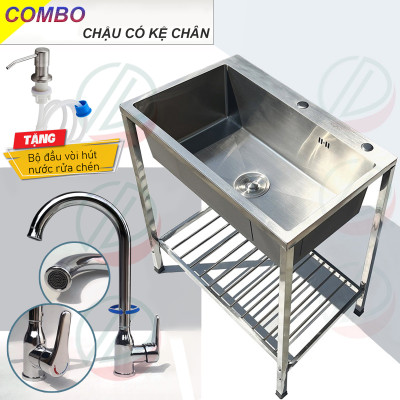 COMBO Chậu Rửa Chén Bát 1 Hộc Rửa Lớn Có Chân Cao 81cm Kèm Vòi Inox Nóng Lạnh - Gồm kệ chân, chậu 82x45cm, 90x50cm, vòi, bộ xả, mua đủ bộ tặng đầu xịt xà bông