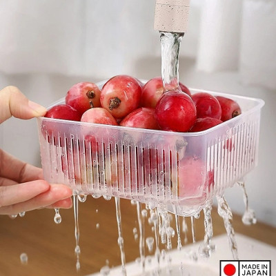 Set 02 hộp thực phẩm vuông có giá lót Nakaya 1100ml, giúp rau thịt không bị úng nước và tươi lâu hơn - nội địa Nhật Bản