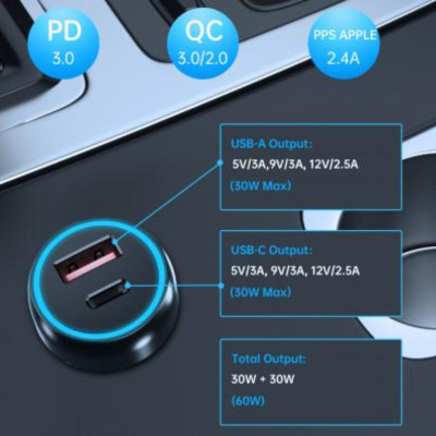 Tẩu sạc CHOETECH TC0014 nhanh 60W dùng trên ô tô (hàng chính hãng)