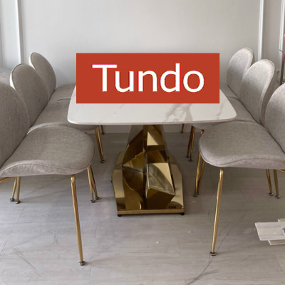 Bộ bàn ghế phòng ănTundo 6 ghế chân mạ vàng mặt đá vân mây