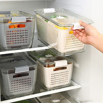 Hộp nhựa PET đựng thực phẩm để tủ lạnh 2in1 tiện dụng có lỗ thoát nước 