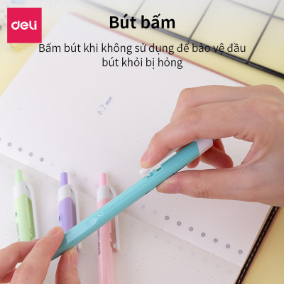 Bút Bi Xanh Ngòi 0.7 Đầu Bấm Deli - Vỏ Nhựa Màu Sắc Xinh Xắn Cute Macaron Pastel Viết Siêu Mượt - Phù Hợp Văn Phòng Học Sinh Ghi Chép Sổ Tay - EQ03330