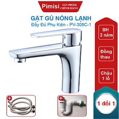 Gật Gù Nóng Lạnh Pimisi PV-308C-1 Dài - Rộng 17 cm, Mạ Xi Sáng Bóng, Dùng Cho Chậu Rửa Mặt 1 Lỗ Ở Nhà Vệ Sinh - Vòi Lavabo Gắn Trên Bồn Chậu Rửa Treo Tường Hay Lavabo Mặt Bàn Đá, Với Đầy Đủ Phụ Kiện Xi Phông Và Dây Cấp Nước | Hàng Chính Hãng
