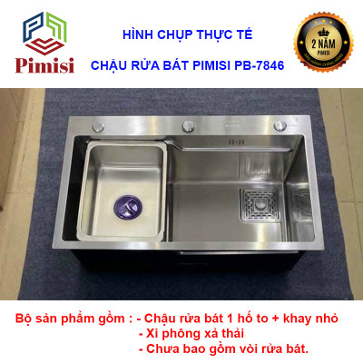 Chậu Rửa Bát Inox 1 Hố To Pimisi PB-7846 Luxury Làm Từ Thép Không Gỉ Inox Cao Cấp Kiểu Ngăn Lớn 1 Hộc, Kèm 1 Khay Bồn Rửa Chén Nhỏ Đơn Phụ Gác Chậu - Tháo Rời Với Đầy Đủ Phụ Kiện Xi Phông, Gắn Được Cả Bán Âm - Dương Bàn Đá Bếp | Hàng Chính Hãng