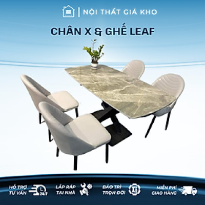 Bộ bàn ăn mặt đá Ceramic bóng chân chéo kết hợp ghế Leaf