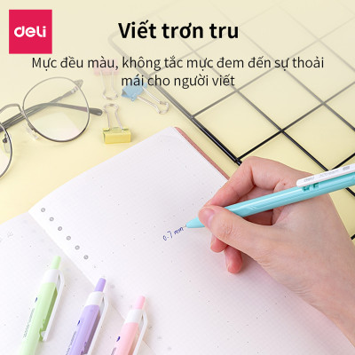 Bút Bi Xanh Ngòi 0.7 Đầu Bấm Deli - Vỏ Nhựa Màu Sắc Xinh Xắn Cute Macaron Pastel Viết Siêu Mượt - Phù Hợp Văn Phòng Học Sinh Ghi Chép Sổ Tay - EQ03330