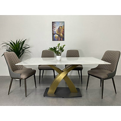 Bộ bàn ghế phòng ăn Tundo mặt trắng vân mây chân X inox mạ PVD kèm 4 ghế