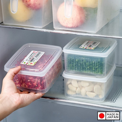 Set 02 hộp thực phẩm vuông có giá lót Nakaya 1100ml, giúp rau thịt không bị úng nước và tươi lâu hơn - nội địa Nhật Bản