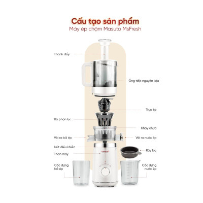 Máy ép chậm Masuto MS Fresh công suất 150W ống tiếp nguyên liệu cực lớn 120mm ép kiệt bã giữ trọn dưỡng chất - Hàng chính hãng