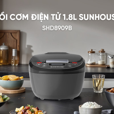 Nồi cơm điện tử 1.8L Sunhouse SHD8909B - 6 chế dộ, giữ ấm 12 tiếng - Mâm nhiệt lớn, cơm dẻo, chín đều - Hàng chính hãng